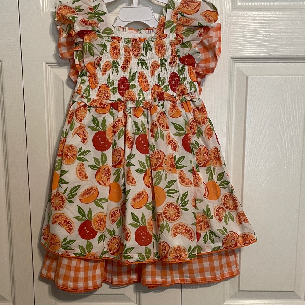 NWT Girls 4T Set of Two Smocked Dresses - Citrus Print and Orange Gingham